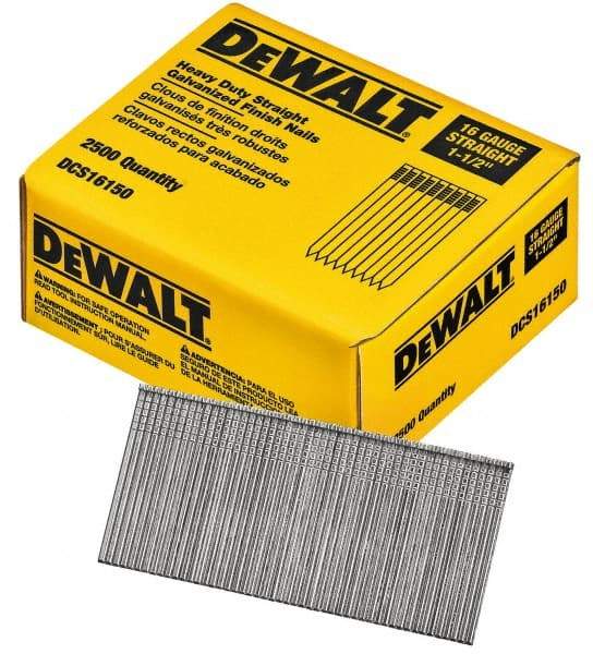 DeWALT - 16 Gauge 1-1/2" Long Finishing Nails for Power Nailers - Grade 2 Steel, Galvanized Finish, Straight Stick Collation - Strong Tooling