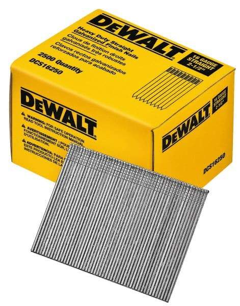 DeWALT - 16 Gauge 2-1/2" Long Finishing Nails for Power Nailers - Grade 2 Steel, Galvanized Finish, Straight Stick Collation - Strong Tooling