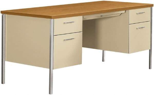 Hon - Woodgrain Laminate/Metal Double Pedestal Desk with Center Drawer - 62-3/4, 60" Wide x 30" Deep x 22-1/2, 29" High, Harvest/Putty - Strong Tooling