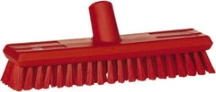 Vikan - 1.3" Bristle Length, Polyester Scrub Brush - 10-3/4" Long x 2-1/2" Wide Head, 11" OAL, European Threaded Handle, Red, Polypropylene Block - Strong Tooling