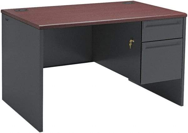 Hon - Steel-Reinforced High-Pressure Laminate/Metal Right Pedestal Desk - 48" Wide x 30" Deep x 29" High, Mahogany/Charcoal - Strong Tooling