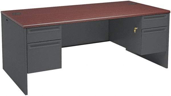 Hon - Steel-Reinforced High-Pressure Laminate/Metal Double Pedestal Desk - 72" Wide x 36" Deep x 29" High, Mahogany/Charcoal - Strong Tooling