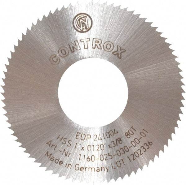 Controx - 1" Diam x 0.012" Blade Thickness x 3/8" Arbor Hole Diam, 80 Tooth Slitting and Slotting Saw - Arbor Connection, Right Hand, Uncoated, High Speed Steel, Concave Ground - Strong Tooling