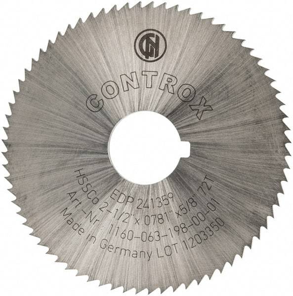 Controx - 2-1/2" Diam x 0.0781" Blade Thickness x 5/8" Arbor Hole Diam, 72 Tooth Slitting and Slotting Saw - Arbor Connection, Right Hand, Uncoated, Cobalt, Concave Ground, Contains Keyway - Strong Tooling