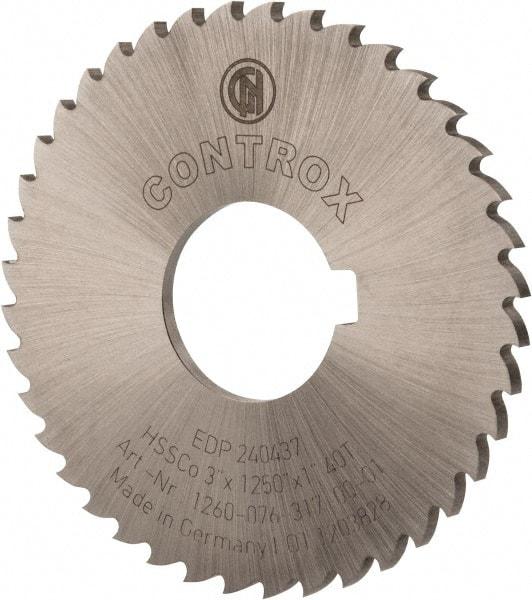 Controx - 3" Diam x 1/8" Blade Thickness x 1" Arbor Hole Diam, 40 Tooth Slitting and Slotting Saw - Arbor Connection, Right Hand, Uncoated, Cobalt, 15° Rake, Concave Ground, Contains Keyway - Strong Tooling