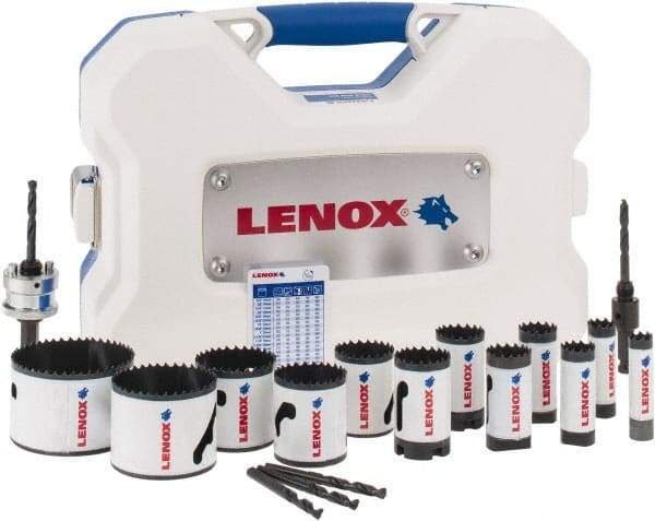 Lenox - 17 Piece, 5/8" to 3" Saw Diam, Contractor's Hole Saw Kit - Bi-Metal, Varied Toothing, Pilot Drill Model No. 4321, Includes 12 Hole Saws - Strong Tooling