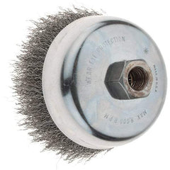 Weiler - 4" Diam, 5/8-11 Threaded Arbor, Steel Fill Cup Brush - 0.014 Wire Diam, 1-3/8" Trim Length, 9,000 Max RPM - Strong Tooling