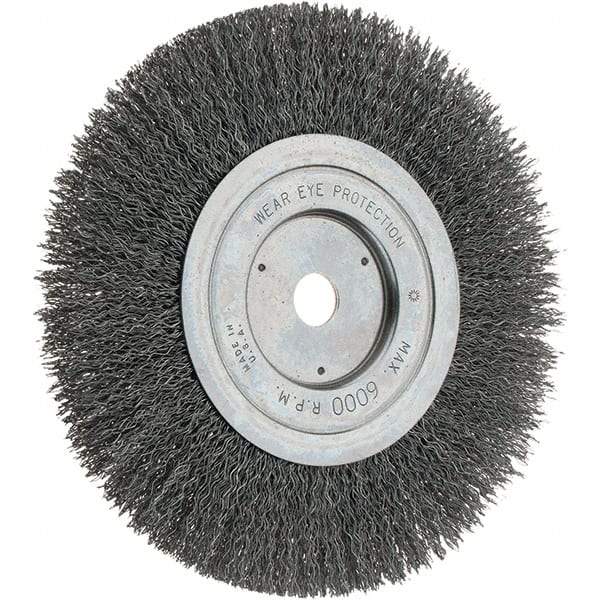 Weiler - 7" OD, 5/8" Arbor Hole, Crimped Steel Wheel Brush - 1" Face Width, 2" Trim Length, 0.014" Filament Diam, 6,000 RPM - Strong Tooling