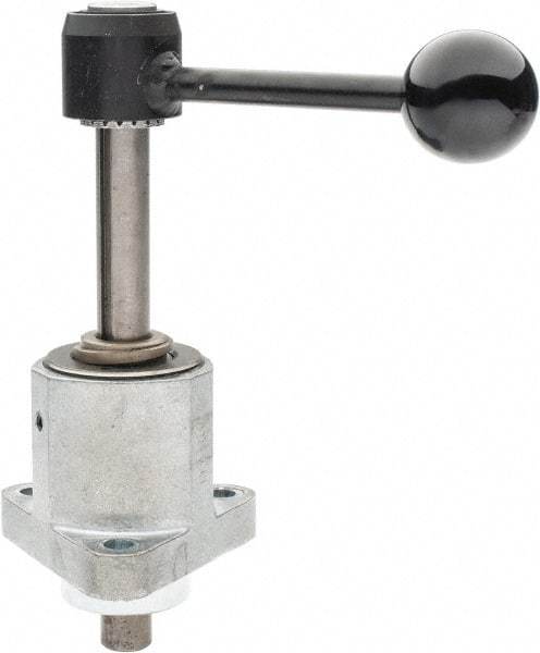 De-Sta-Co - 9,000 N Capacity, M8 Plunger, 16mm Plunger Diam, Flange Mt, One Hand, Hand Lever Actuation, Variable Stroke Straight Line Action Clamp - 60mm Max Rapid Stroke, 4mm Max Clamping Stroke, 9mm Mt Hole Diam, 73mm Overall Height, 196mm OAL - Strong Tooling