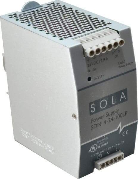 Sola/Hevi-Duty - 92 Watt, 3.8 Amp, 230 VAC Input, 24 VDC Output, DIN Rail Power Supply - 2.56 Inch Wide x 4.55 Inch Deep x 4.88 Inch High, Up to 88% Efficiency, 14 to 140°F, Green LED - Strong Tooling