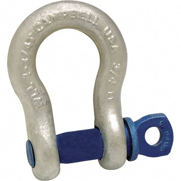 Campbell - 5/16" Nominal Chain Size, 0.75 Ton Carbon Steel Screw Anchor Shackle - 3/8" Pin Diam, 17/32" Wide Inside Jaw, 27/32" Inside Width, 3/4" Max Body Thickness - Strong Tooling