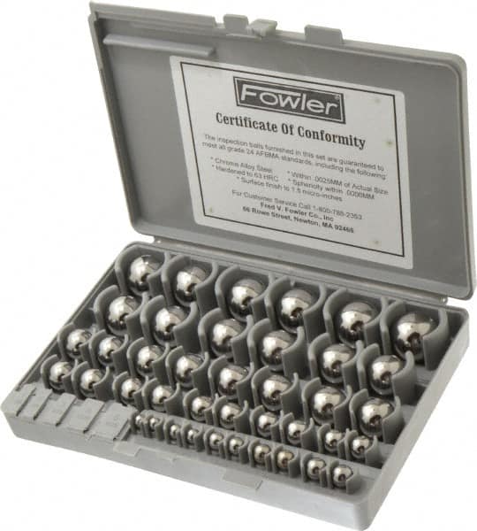 Fowler - to 1 to 25mm Diameter, Chrome Steel, Gage Ball Set - 0.0025 mm Tolerance, Grade 24 Accuracy, 63 RC Hardness, 25 Pairs - Strong Tooling