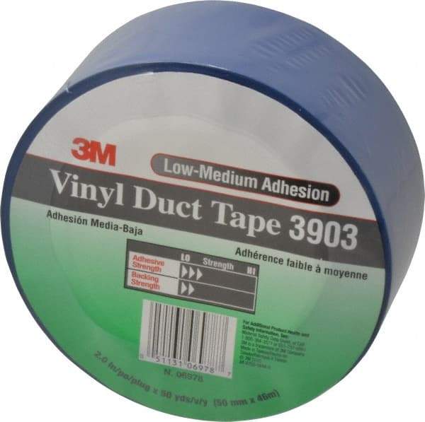 3M - 2" x 50 Yds Blue Duct Tape - 6.5 mil, Rubber Adhesive, Vinyl Backing, 12.6 Lb/ln Tensile Strength, 200°F Max, Series 3903 - Strong Tooling