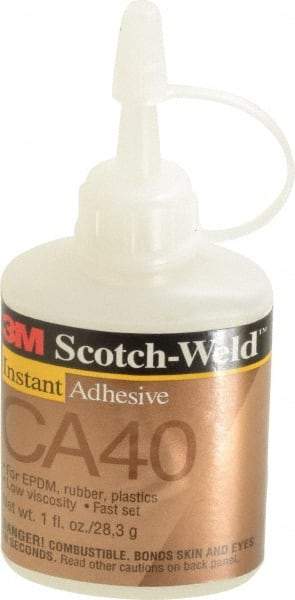 3M - 1 oz Bottle Yellow Instant Adhesive - Series CA40, 3 to 20 sec Fixture Time, 24 hr Full Cure Time, Bonds to Cardboard, Cork Board, Fabric, Fiberglass, Foam, Metal, Plastic, Rubber & Vinyl - Strong Tooling