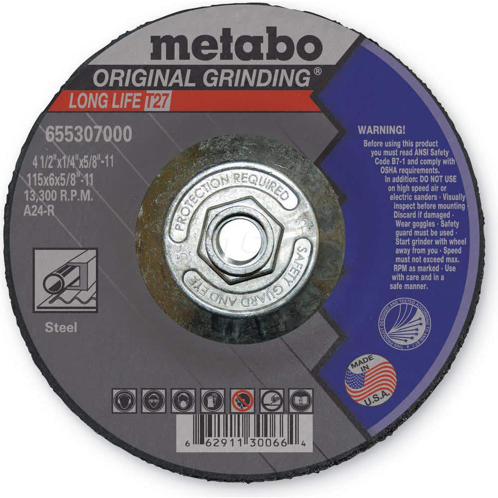 Depressed Center Wheel: Type 27, 4-1/2″ Dia, 1/4″ Thick, 5/8″ Hole, Aluminum Oxide 24 Grit, 12,300 Max RPM