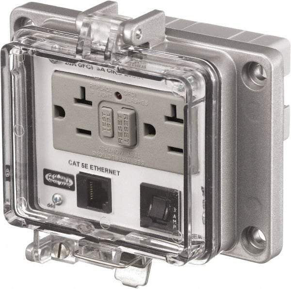 Hubbell Wiring Device-Kellems - 1 Port, 3 Power Receptacle, Ethernet, Clear Data Port Receptacle - 4.79 Inch Long x 1.61 Inch Deep x 5.08 Inch Wide, Aluminum, Surface Mount, Gray - Strong Tooling