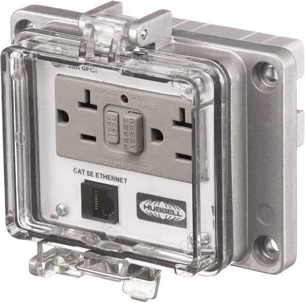 Hubbell Wiring Device-Kellems - 1 Port, 3 Power Receptacle, Ethernet, Clear Data Port Receptacle - 4.79 Inch Long x 1.61 Inch Deep x 5.08 Inch Wide, Aluminum, Surface Mount, Gray - Strong Tooling