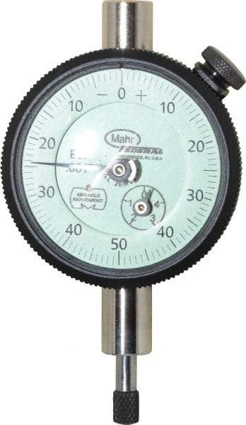 Mahr - 1/4" Range, 0-50-0 Dial Reading, 0.001" Graduation Dial Drop Indicator - 1-3/4" Dial, 0.1" Range per Revolution, 0.001" Accuracy, Revolution Counter - Strong Tooling