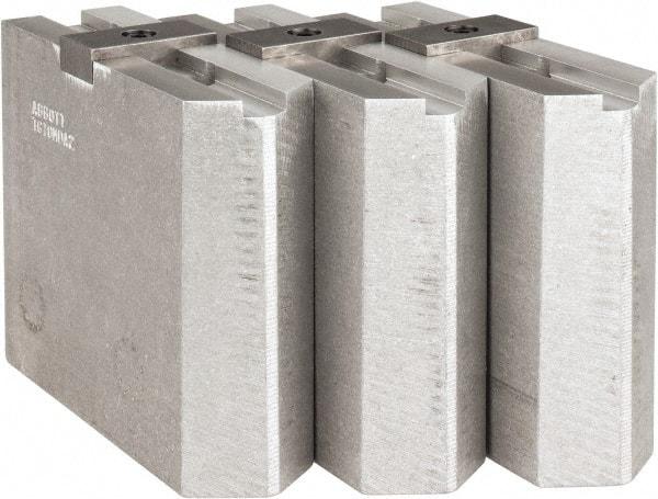 Abbott Workholding Products - Tongue & Groove Attachment, Square Soft Lathe Chuck Jaw - 3 Jaws, Aluminum, 2-1/8" Btw Mount Hole Ctrs, 4-1/2" Long x 1-1/2" Wide x 4" High, 1/2" Groove, 1/2" Fastener - Strong Tooling