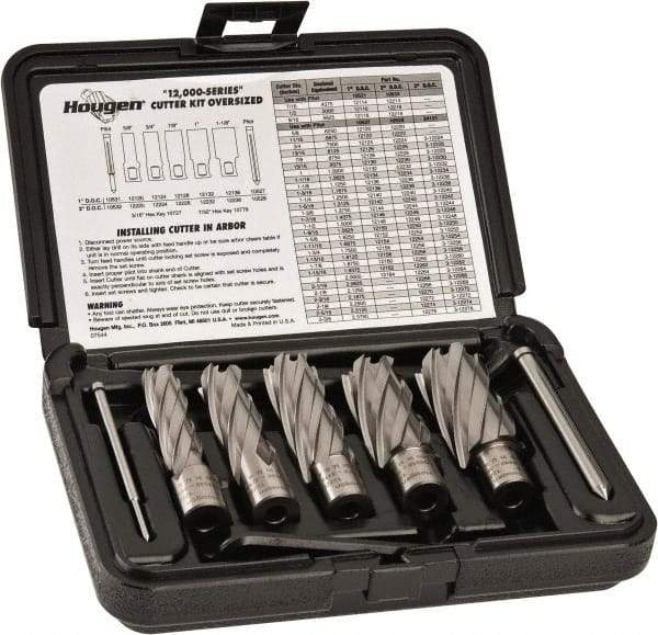 Hougen - 8 Piece, 5/8 to 1-1/8" Cutter Diam, 2" Cutting Depth, High Speed Steel Annular Cutter Set - Bright Finish, 3/4" Shank Diam, 5/8, 3/4, 7/8, 1, 1-1/8" Cutter Diams, 2 Flats on Shank - Strong Tooling