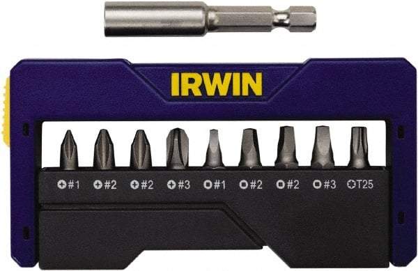 Irwin - 10 Piece, 1/4" Drive Screwdriver Insert Bit Set - #1 to #3 Phillips, 0.05 to 1/4" Hex, 1.27 to 10mm Hex, T25 Torx, #1 to #3 Square Recess - Strong Tooling