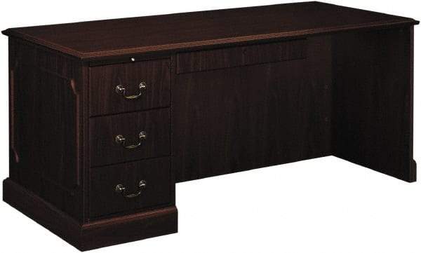 Hon - High Pressure Laminate Right Return Desk with Center Drawer - 66" Wide x 30" Deep x 29-1/2" High, Mahogany - Strong Tooling