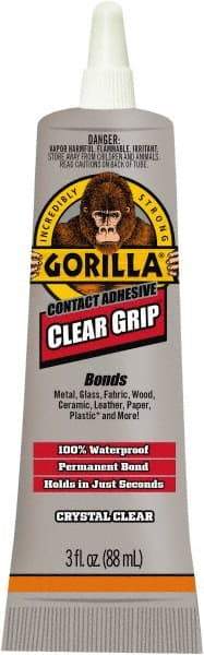 Gorilla Glue - 3 oz Tube Clear Contact Adhesive - 1 to 5 min Working Time, 24 hr Full Cure Time, Bonds to Masonry, Ceramic, Concrete, Fabric, Glass, Leather, Metal, Paper, Rubber, Velcro & Wood - Strong Tooling