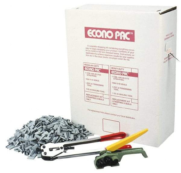 Value Collection - 9,000 Inch Long x 1/2 Inch Wide x 0.015 Inch Thick, Heavy Duty Polyproylene Strapping Kit - 400 Lbs Tensile Strength, Contains Self Dispensing Box, White Polypropylene Strapping, 1000 Seals, Tensioner Tool and Crimper Tool - Strong Tooling