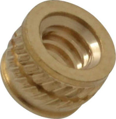 E-Z LOK - #6-32, 0.199" Small to 0.206" Large End Hole Diam, Brass Single Vane Tapered Hole Threaded Insert - 0.22" Insert, 0.203" Pilot Diam, 0.15" OAL, 0.116" Min Wall Thickness - Strong Tooling