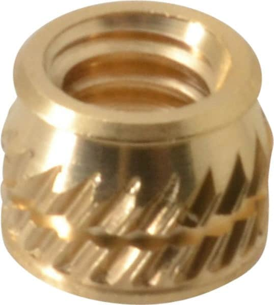 E-Z LOK - #8-32, 0.226" Small to 0.234" Large End Hole Diam, Brass Single Vane Tapered Hole Threaded Insert - 1/4" Insert, 0.23" Pilot Diam, 0.185" OAL, 0.133" Min Wall Thickness - Strong Tooling