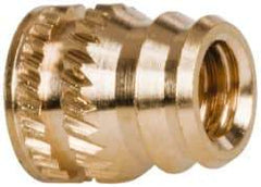 E-Z LOK - #6-32, 0.185" Small to 0.206" Large End Hole Diam, Brass Double Vane Tapered Hole Threaded Insert - 0.22" Insert, 0.19" Pilot Diam, 1/4" OAL, 0.116" Min Wall Thickness - Strong Tooling