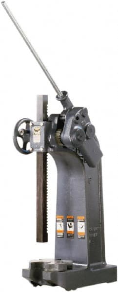 Dake - 1-1/2" Ram, 7-3/4" Throat Depth, 6 Ton Manual Arbor Press - 20-1/4" Max Work Height x 15-1/2" Max Work Width, Compound Leverage, 66:1 Leverage Ratio, 8-1/4" Base Width x 20" Base Depth - Strong Tooling