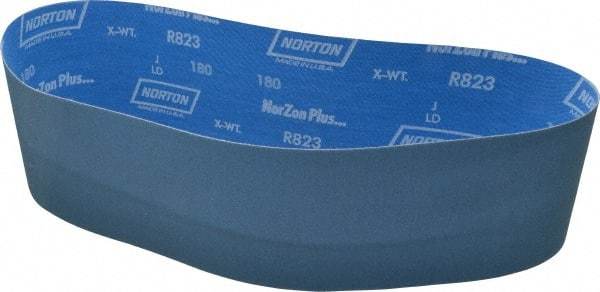Norton - 4" Wide x 36" OAL, 180 Grit, Zirconia Alumina Abrasive Belt - Zirconia Alumina, Very Fine, Coated, X Weighted Cloth Backing, Series R823 - Strong Tooling