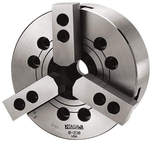 Kitagawa - 3 Jaws, 6" Chuck Diam, Plain Back Mount, 1.7717" Through Hole, Drawbar, Hydraulic Power Lathe Chuck - 12,555 Lb Force per Jaw, 1.5mm x 60 Serrated Jaw Interface, 16mm to 169mm Jaw Capacity, 6,000 RPM, High Speed Steel Body - Strong Tooling