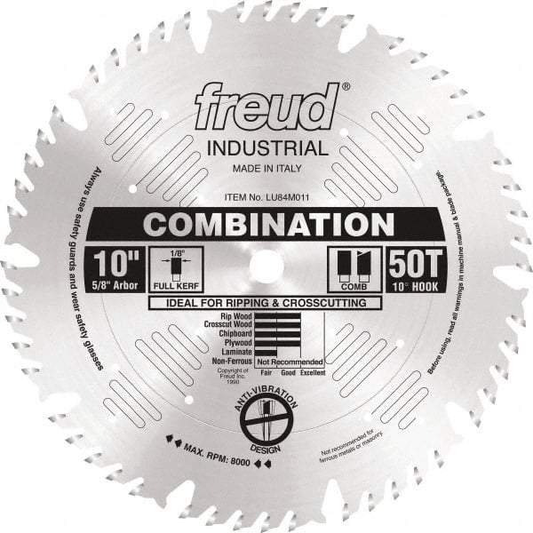 Freud - 10" Diam, 5/8" Arbor Hole Diam, 50 Tooth Wet & Dry Cut Saw Blade - Carbide-Tipped, Standard Round Arbor - Strong Tooling