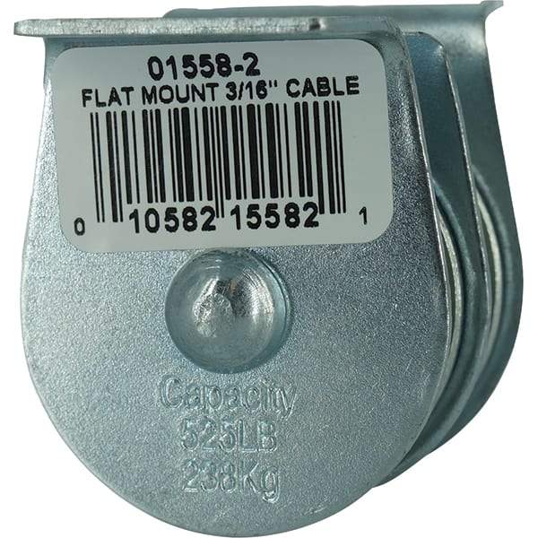 Block Division - 525 Lbs. Load Limit, Flat Standard Block - Upright Mount, Double Sheave, 1-1/2 Inch Outside Diameter, Wire Rope, 3/16 Inch Diameter, Eye, 5/8 Inch Inside Diameter, Carbon Steel, Zinc Plated Finish - Strong Tooling