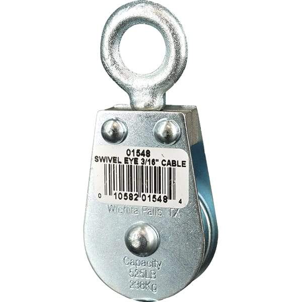 Block Division - 525 Lbs. Load Limit, Swivel Eye Standard Block - Single Sheave, 1-1/2 Inch Outside Diameter, Wire Rope, 3/16 Inch Diameter, Eye, 5/8 Inch Inside Diameter, Carbon Steel, Zinc Plated Finish - Strong Tooling