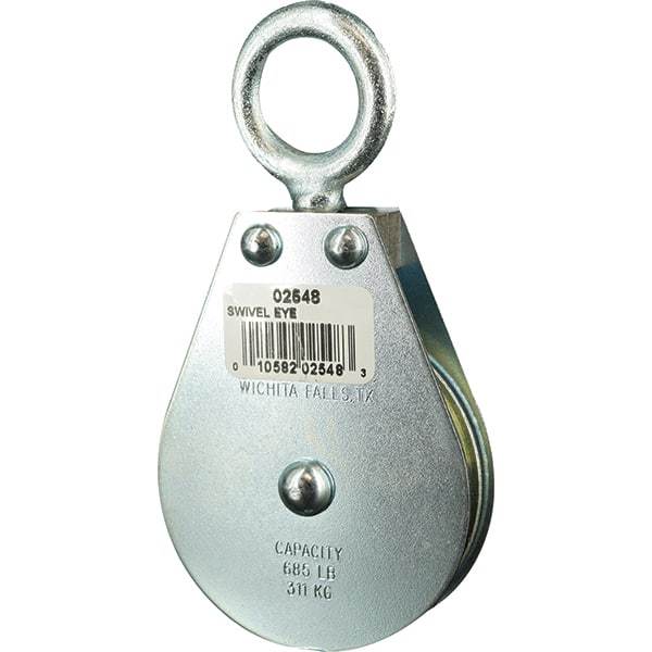 Block Division - 685 Lbs. Load Limit, Swivel Eye Standard Block - Single Sheave, 2-1/2 Inch Outside Diameter, Wire Rope, 1/4 Inch Diameter, Eye, 7/8 Inch Inside Diameter, Carbon Steel, Zinc Plated Finish - Strong Tooling