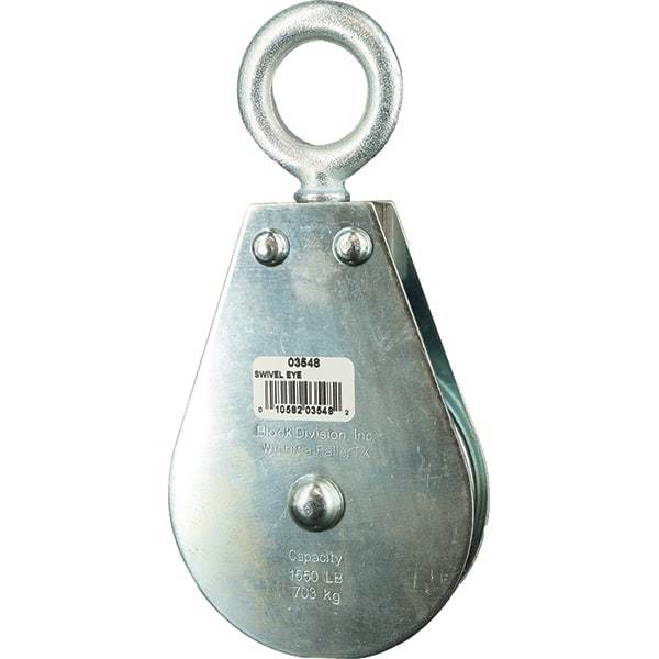 Block Division - 1, 550 Lbs. Load Limit, Swivel Eye Standard Block - Single Sheave, 3-1/2 Inch Outside Diameter, Wire Rope, 5/16 Inch Diameter, Eye, 1-3/16 Inch Inside Diameter, Carbon Steel, Zinc Plated Finish - Strong Tooling