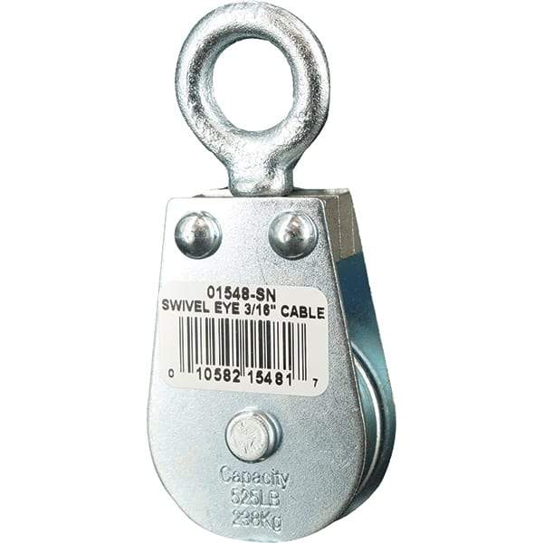 Block Division - 525 Lbs. Load Limit, Swivel Eye Snatch Block - Single Sheave, 1-1/2 Inch Outside Diameter, Wire Rope, 3/16 Inch Diameter, Eye, 5/8 Inch Inside Diameter, Carbon Steel, Zinc Plated Finish - Strong Tooling