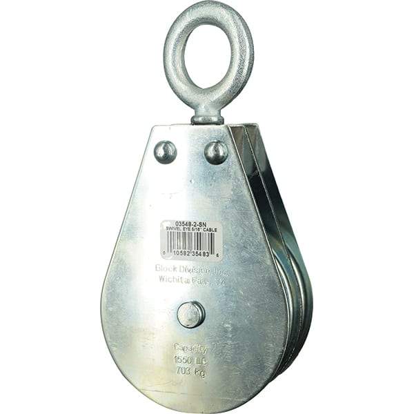 Block Division - 1, 550 Lbs. Load Limit, Swivel Eye Snatch Block - Double Sheave, 3-3/4 Inch Outside Diameter, Wire Rope, 5/16 Inch Diameter, Eye, 1-3/16 Inch Inside Diameter, Carbon Steel, Zinc Plated Finish - Strong Tooling