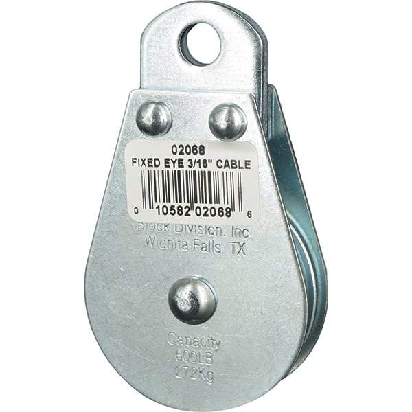 Block Division - 600 Lbs. Load Limit, Rigid Eye Block - Single Sheave, 2 Inch Outside Diameter, Wire Rope, 3/16 Inch Diameter, Eye, 3/8 Inch Inside Diameter, Carbon Steel, Zinc Plated Finish - Strong Tooling