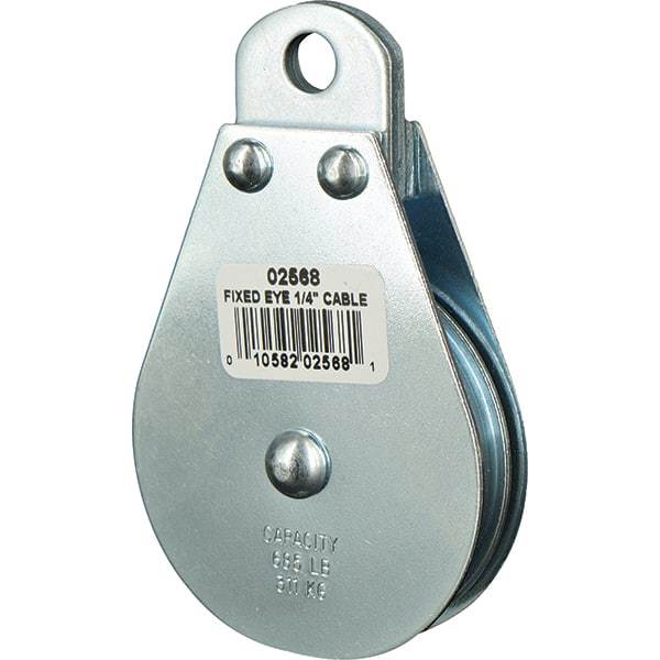 Block Division - 685 Lbs. Load Limit, Rigid Eye Block - Single Sheave, 2-1/2 Inch Outside Diameter, Wire Rope, 1/4 Inch Diameter, Eye, 3/8 Inch Inside Diameter, Carbon Steel, Zinc Plated Finish - Strong Tooling