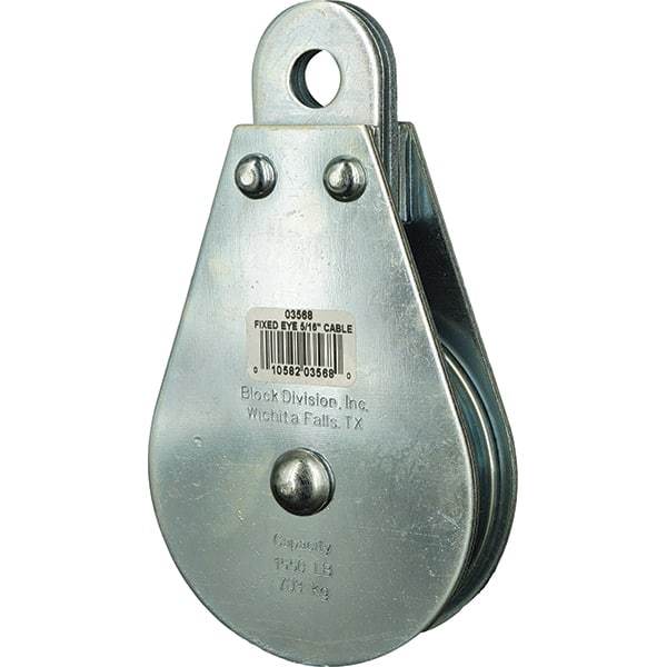 Block Division - 1, 550 Lbs. Load Limit, Rigid Eye Block - Single Sheave, 3-1/2 Inch Outside Diameter, Wire Rope, 5/16 Inch Diameter, Eye, 9/16 Inch Inside Diameter, Carbon Steel, Zinc Plated Finish - Strong Tooling