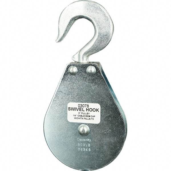 Block Division - 800 Lbs. Load Limit, Swivel Hook Block - Single Sheave, 3 Inch Outside Diameter, Wire Rope, 1/4 Inch Diameter, Eye, 3/8 Inch Inside Diameter, Carbon Steel, Zinc Plated Finish - Strong Tooling