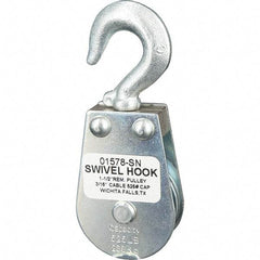 Block Division - 525 Lbs. Load Limit, Swivel Hook Block - Single Sheave, 1-5/8 Inch Outside Diameter, Wire Rope, 3/16 Inch Diameter, Eye, 3/8 Inch Inside Diameter, Carbon Steel, Zinc Plated Finish - Strong Tooling