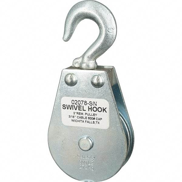 Block Division - 600 Lbs. Load Limit, Swivel Hook Block - Single Sheave, 2-1/8 Inch Outside Diameter, Wire Rope, 3/16 Inch Diameter, Eye, 3/8 Inch Inside Diameter, Carbon Steel, Zinc Plated Finish - Strong Tooling