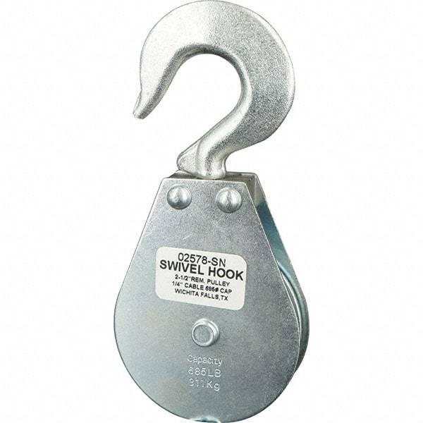 Block Division - 685 Lbs. Load Limit, Swivel Hook Block - Single Sheave, 2-5/8 Inch Outside Diameter, Wire Rope, 1/4 Inch Diameter, Eye, 3/8 Inch Inside Diameter, Carbon Steel, Zinc Plated Finish - Strong Tooling