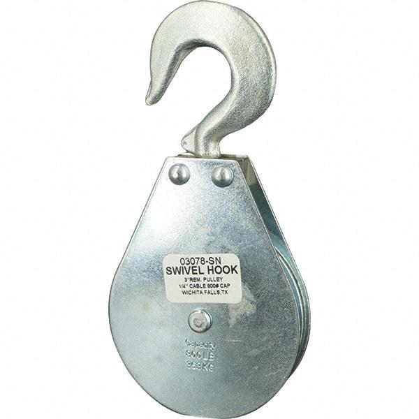 Block Division - 800 Lbs. Load Limit, Swivel Hook Block - Single Sheave, 3-1/8 Inch Outside Diameter, Wire Rope, 1/4 Inch Diameter, Eye, 3/8 Inch Inside Diameter, Carbon Steel, Zinc Plated Finish - Strong Tooling