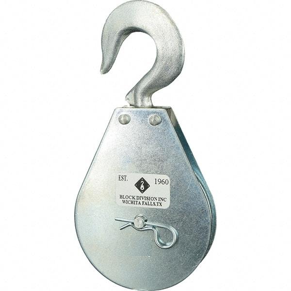 Block Division - 1, 550 Lbs. Load Limit, Swivel Hook Block - Single Sheave, 3-3/4 Inch Outside Diameter, Wire Rope, 5/16 Inch Diameter, Eye, 9/16 Inch Inside Diameter, Carbon Steel, Zinc Plated Finish - Strong Tooling